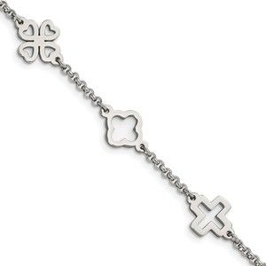 Steel Polished Cross and Clover Shamrocks 7.5 inch Bracelet
